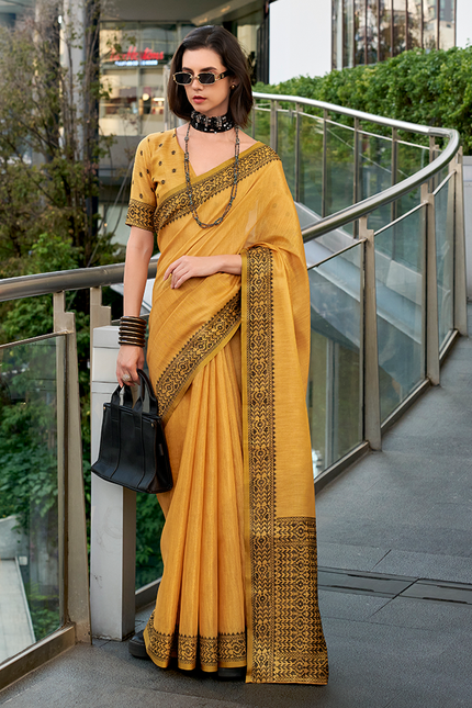 Linen Tissue,Gala Border Saree (Mustard)