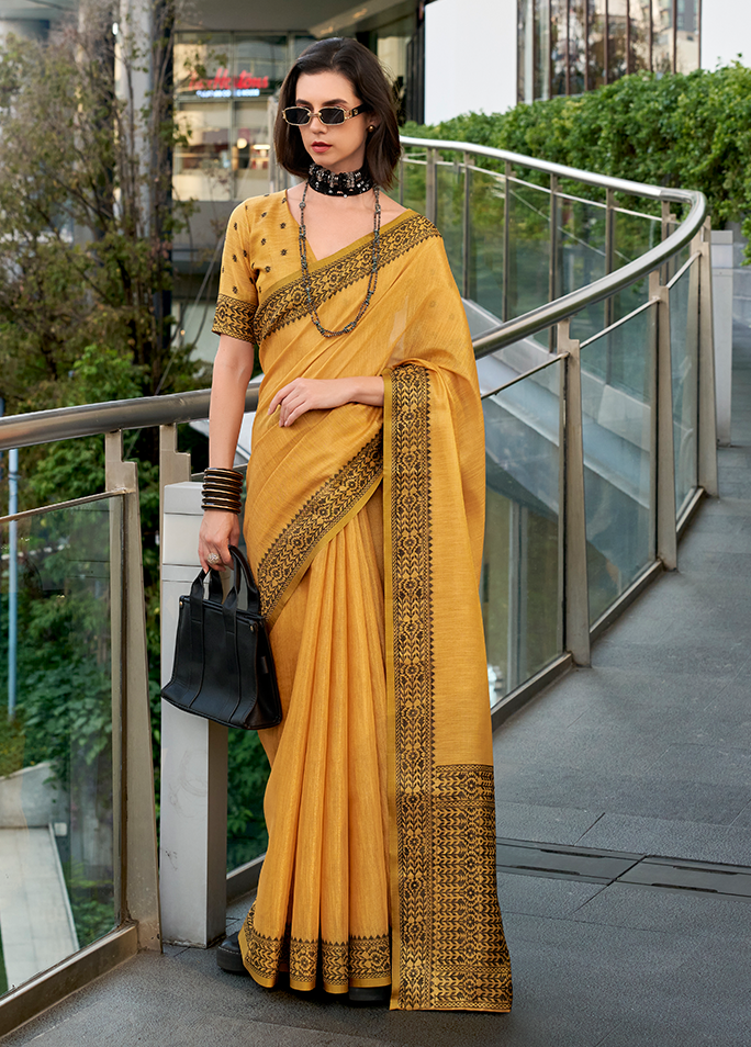 Linen Tissue, Gala Border Saree (Mustard)