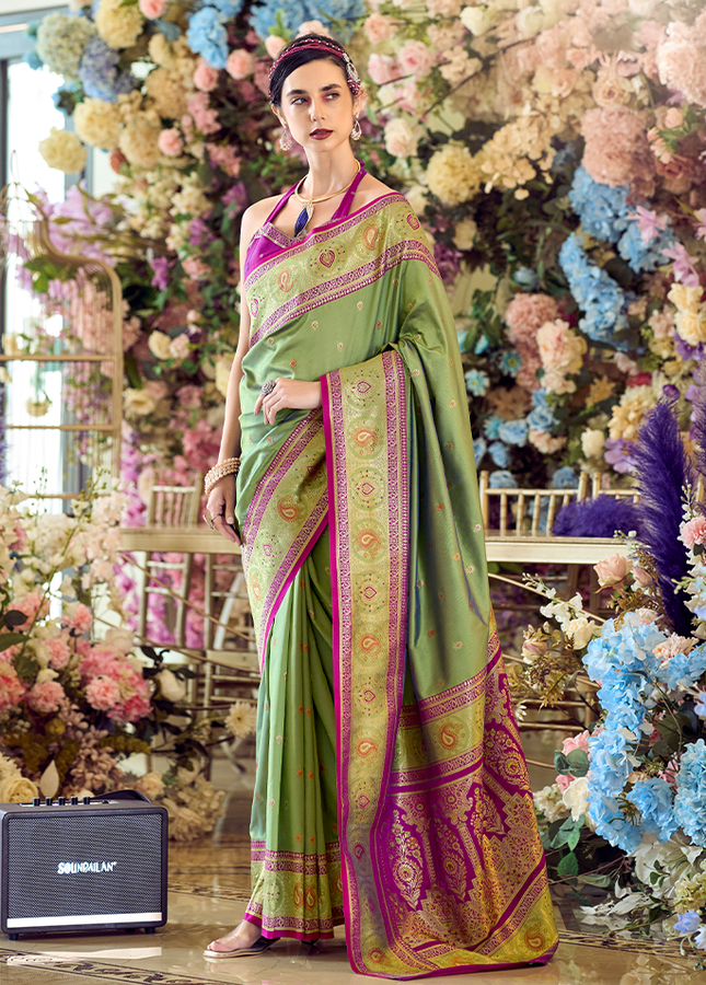 Minakari Paithani,Pure Soft Banarasi Silk Saree (Green)