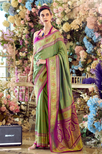 Minakari Paithani,Pure Soft Banarasi Silk Saree (Green)