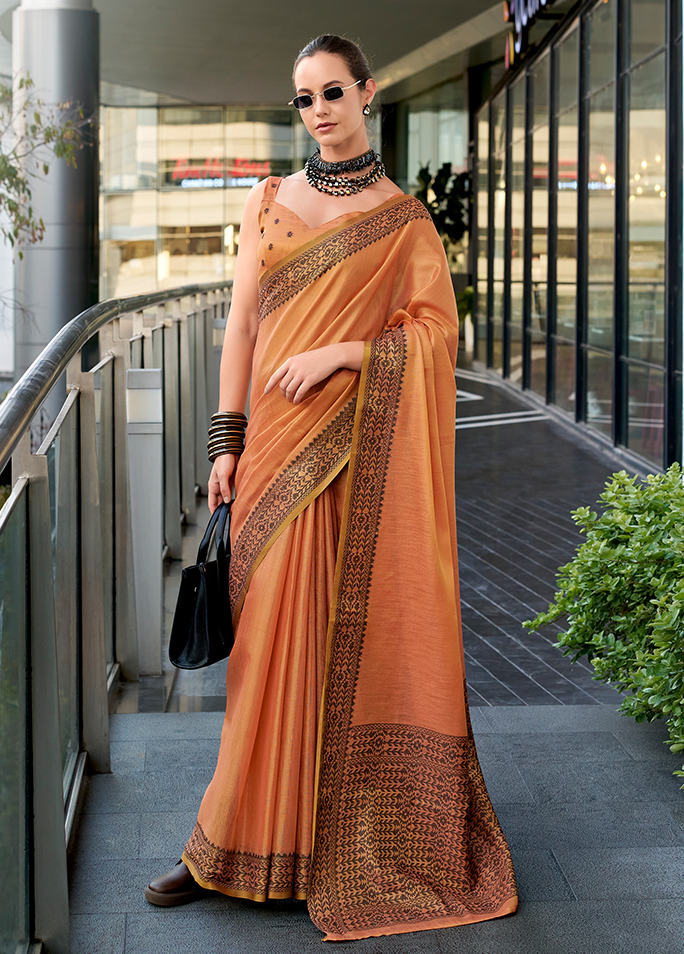 Linen Tissue, Gala Border Saree (Orange)
