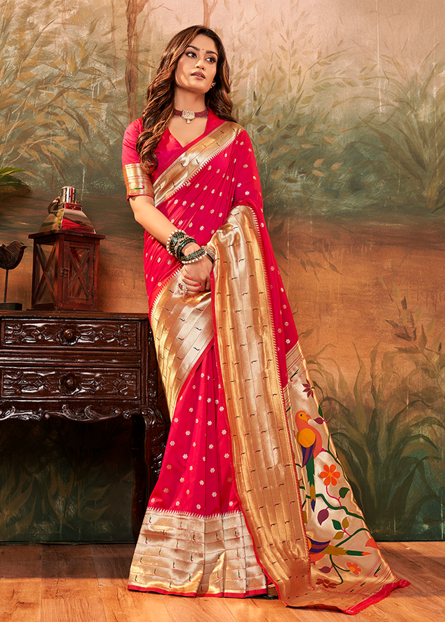 Pure Paithani Silk,Weaving Saree (Pink)