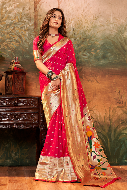 Pure Paithani Silk,Weaving Saree (Pink)