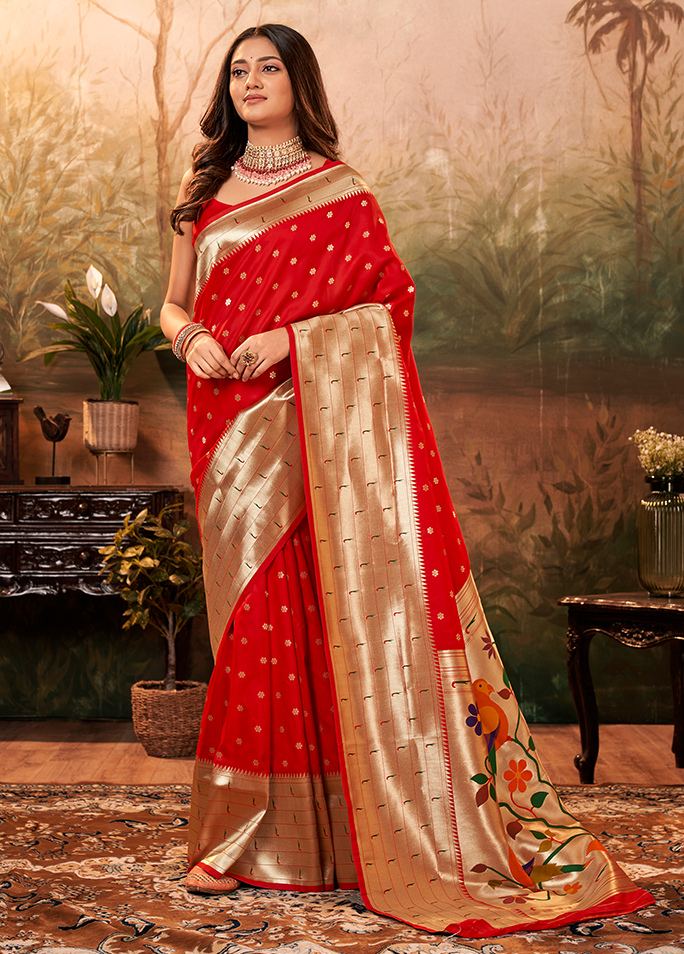 Pure Paithani Silk,Weaving Saree (Red)