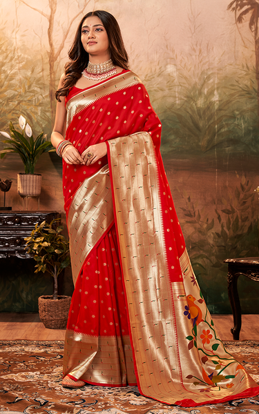 Pure Paithani Silk,Weaving Saree (Red)