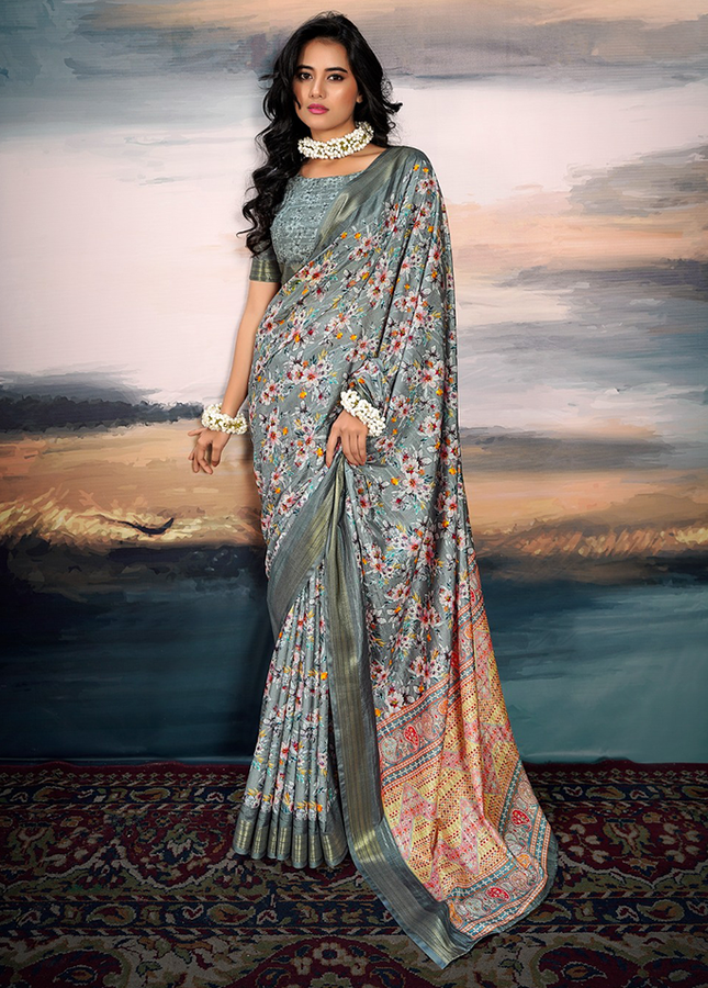 Pure Cotton Silk,Digital Print Organza Saree (Grey)