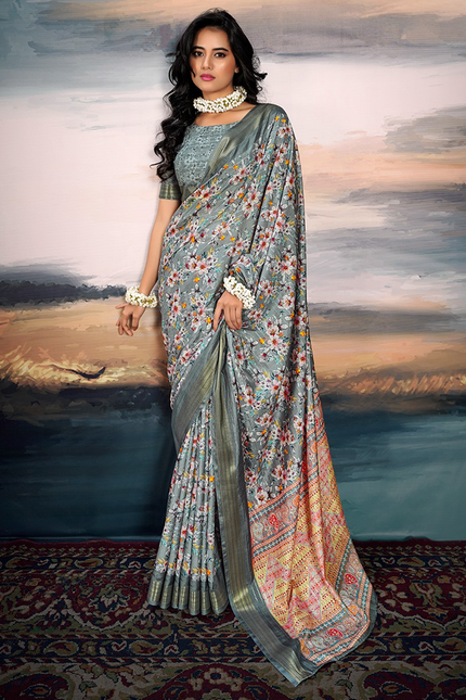 Pure Cotton Silk,Digital Print Organza Saree (Grey)