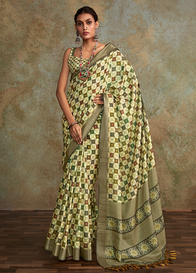 Handloom with All Over Print, Sequence Weaving Saree (Cream)