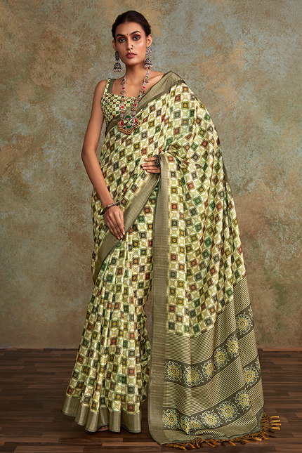 Handloom with All Over Print, Sequence Weaving Saree (Cream)