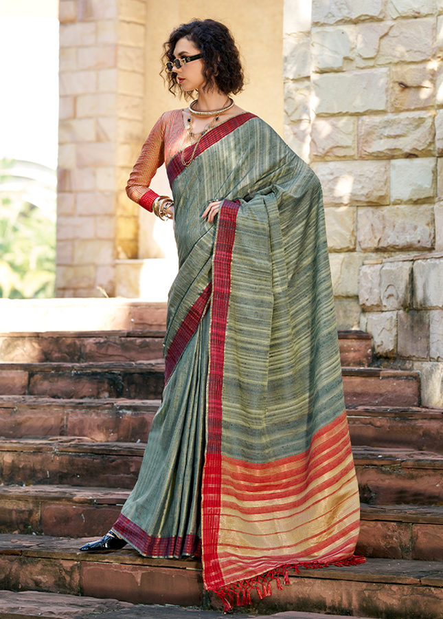 Handloom Katan Saree (Olive Green)