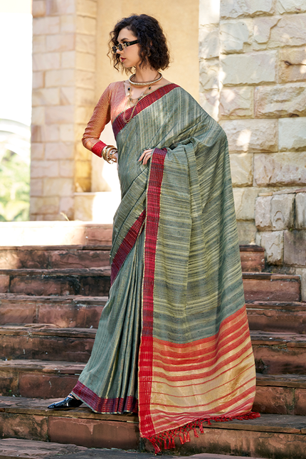 Handloom Katan Saree (Olive Green)