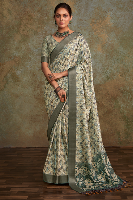 Handloom with All Over Print, Sequence Weaving Saree (Grey)