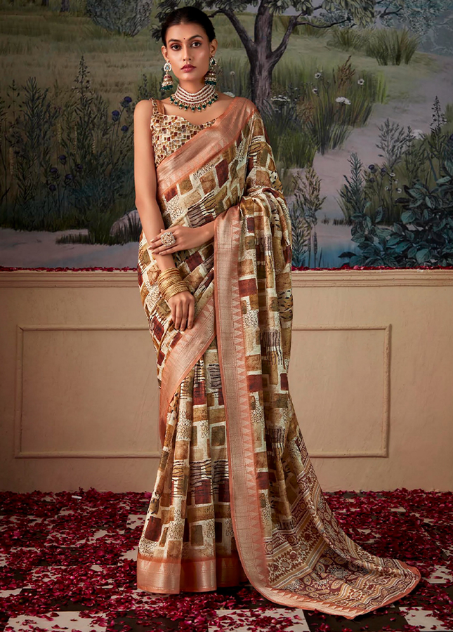 Geometric Print,Digital Saree (Cream & Orange)