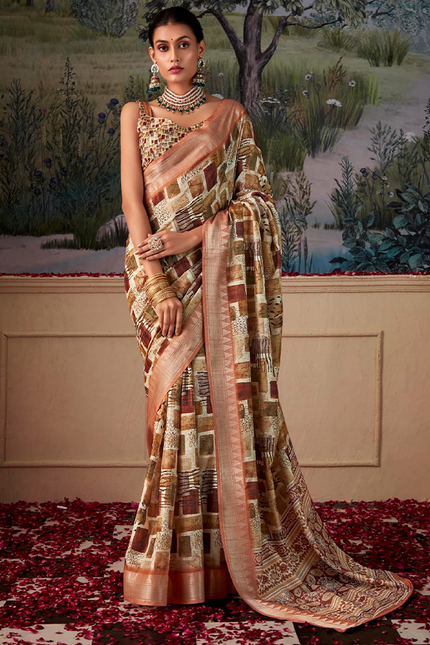 Geometric Print,Digital Saree (Cream & Orange)