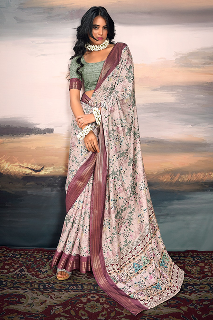 Pure Cotton Silk,Digital Print Organza Saree (Pink)