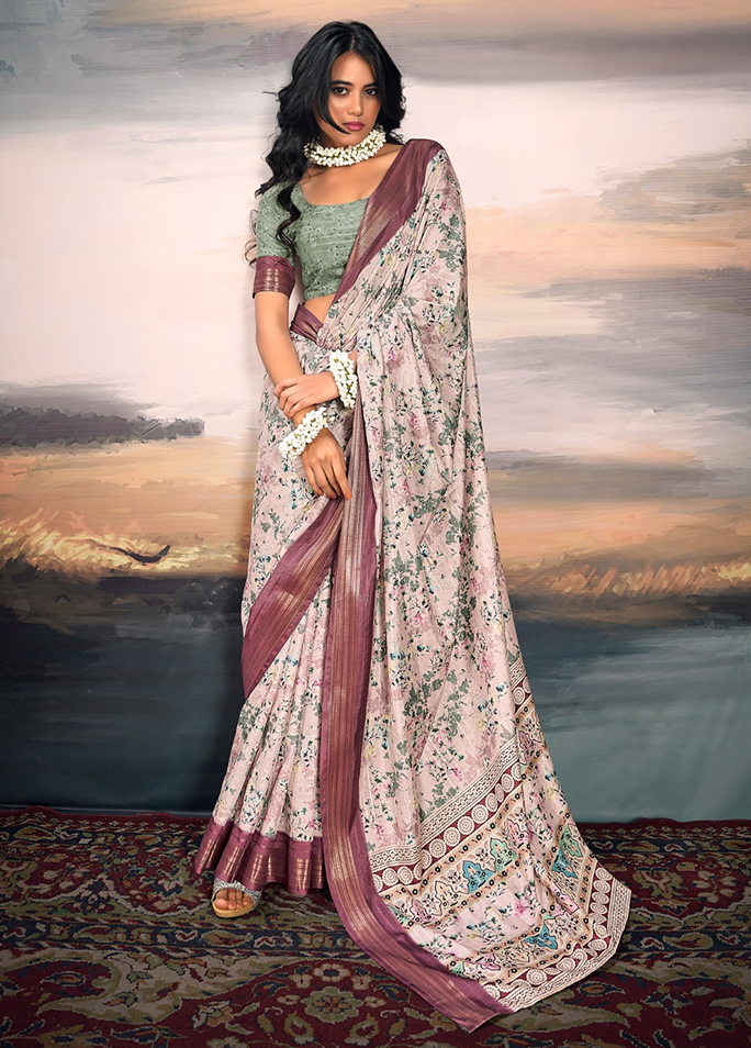 Pure Cotton Silk With Digital Print (Beige Pink)