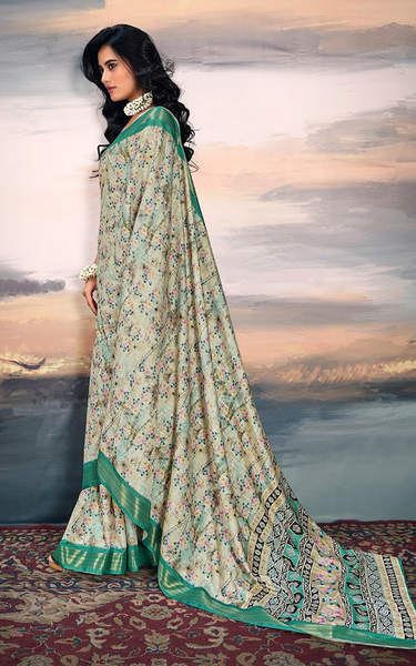 Pure Cotton Silk,Digital Print Organza Saree (Green)