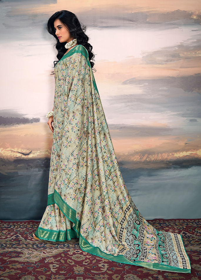 Pure Cotton Silk,Digital Print Organza Saree (Green)