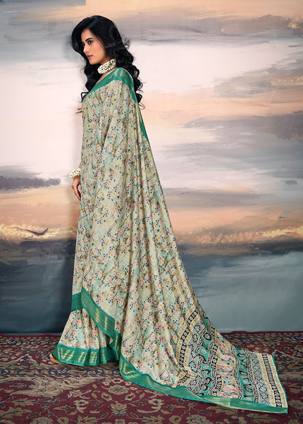 Pure Cotton Silk,Digital Print Organza Saree (Green)