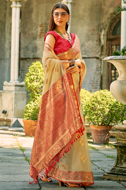 Weaving,Rich Pallu,Tissue Silk Saree (Cream)