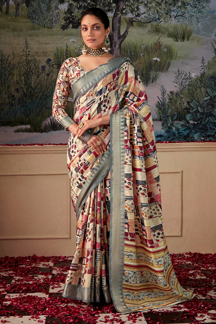 Geometric Print,Digital Saree (Cream & Slate)