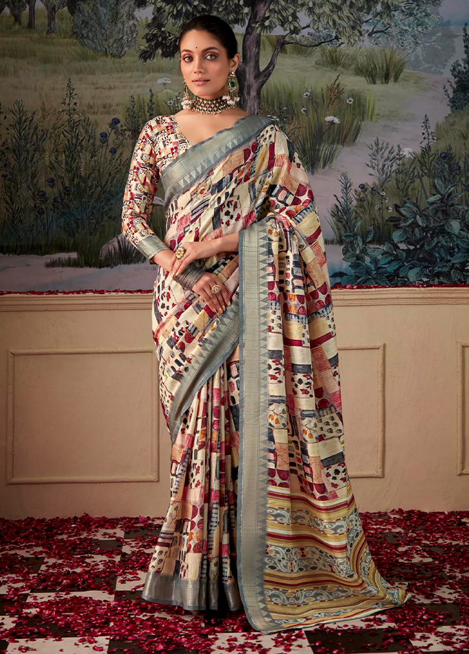 Geometric Print,Digital Saree (Cream & Slate)