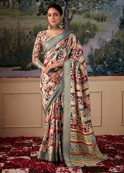 Geometric Print,Digital Saree (Cream & Slate)