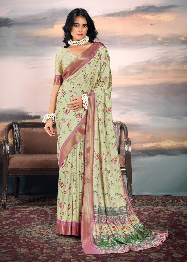 Pure Cotton Silk,Digital Print Organza Saree (Pista)