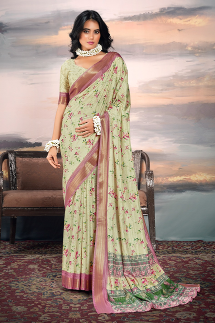 Pure Cotton Silk,Digital Print Organza Saree (Pista)
