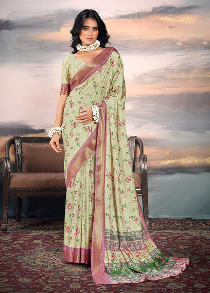 Pure Cotton Silk,Digital Print Organza Saree (Pista)