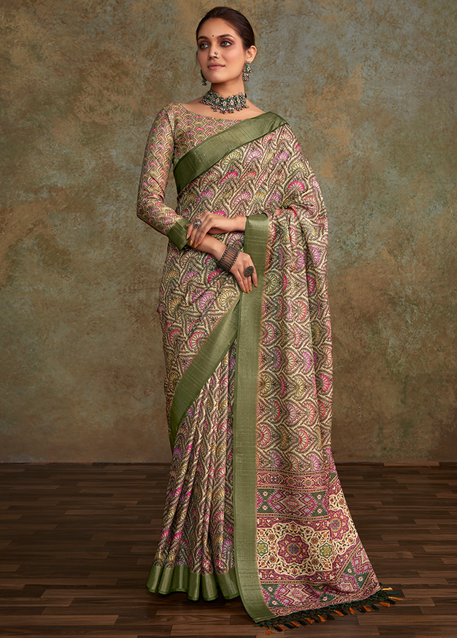 Handloom with All Over Print, Sequence Weaving Saree (Green)