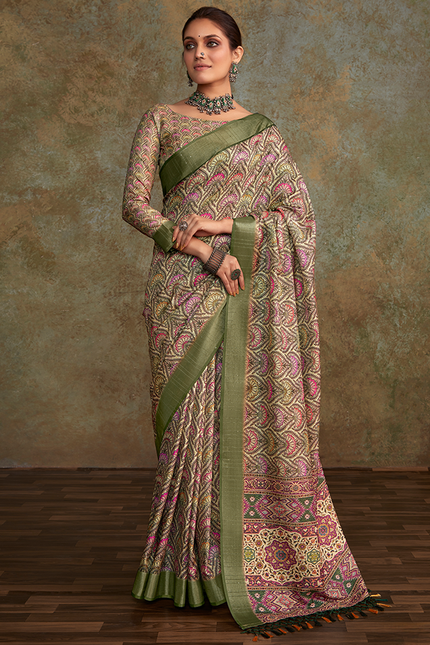 Handloom with All Over Print, Sequence Weaving Saree (Green)