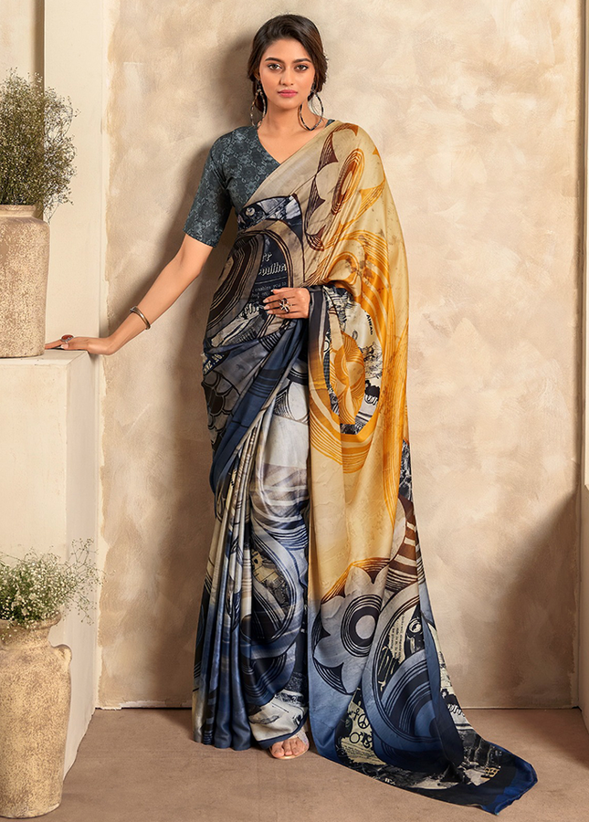 Fancy Print,Crape Silk Saree (Yellow)