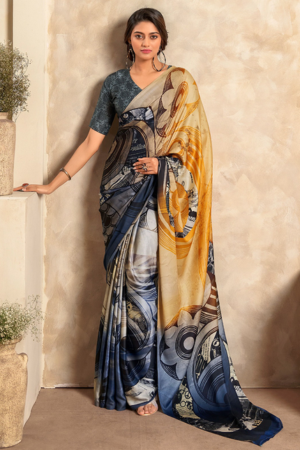 Fancy Print,Crape Silk Saree (Yellow)