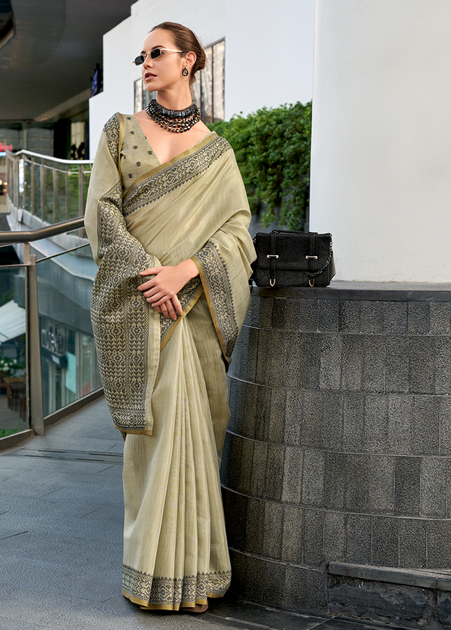 Linen Tissue,Gala Border Saree (Gin Green)