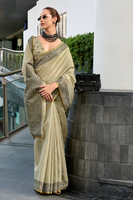 Linen Tissue,Gala Border Saree (Gin Green)