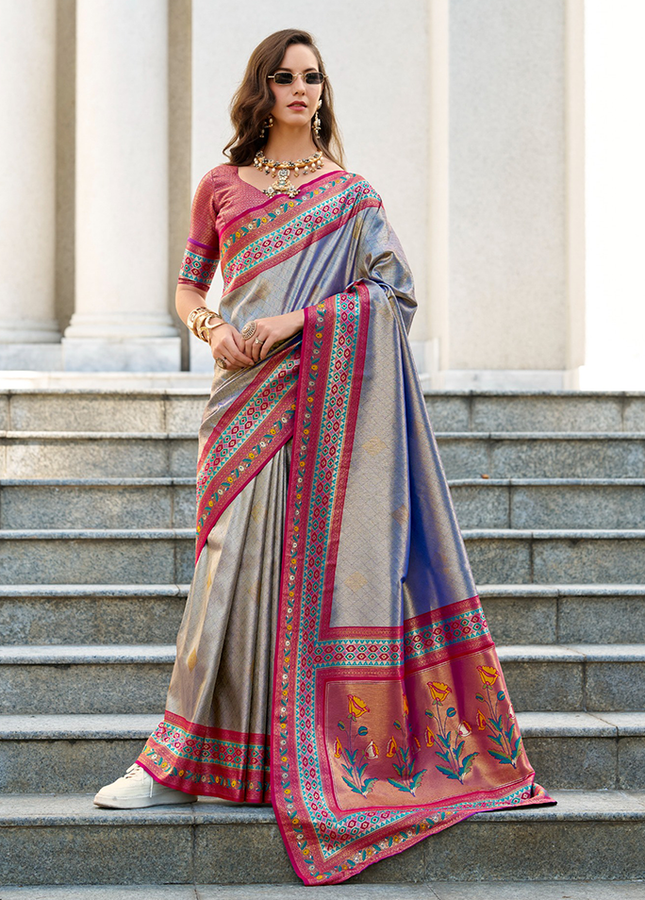 Paithani,Tissue Silk Saree (Grey)