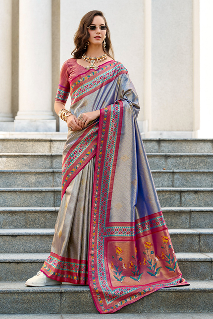 Paithani,Tissue Silk Saree (Grey)