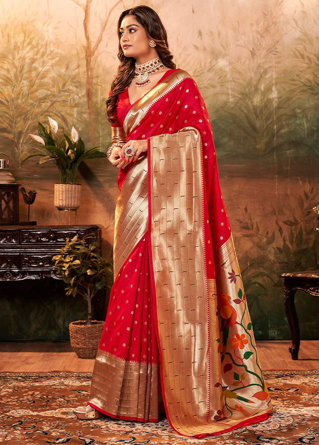 Pure Paithani Silk,Weaving Saree (Red)