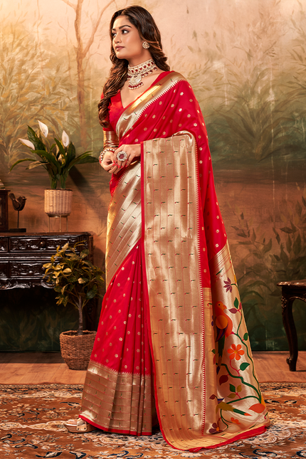 Pure Paithani Silk,Weaving Saree (Red)