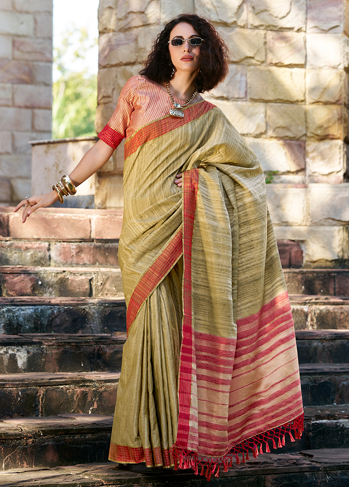Handloom Katan Saree (Olive Green)