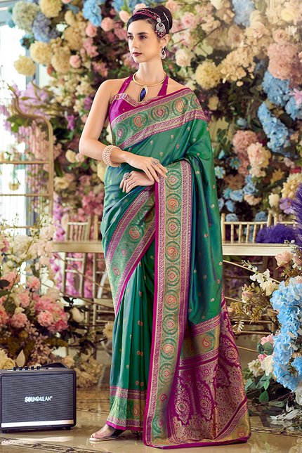 Minakari Paithani,Pure Soft Banarasi Silk Saree (Green)