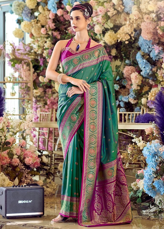 Minakari Paithani, Pure Soft Banarasi Silk Saree (Teal Green)