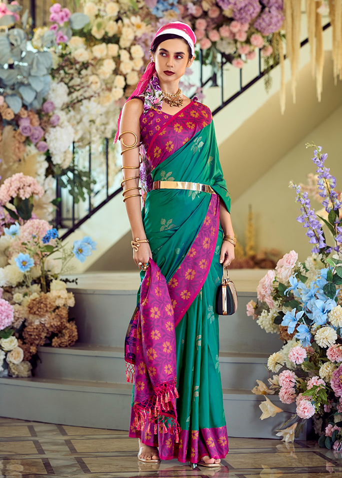 Ikkat Border, Soft silk Contrast pallu Saree (Teal Green)