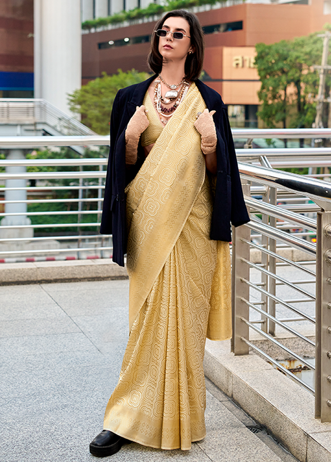 Kanjivaram style, sattin crape silk Saree (Golden)