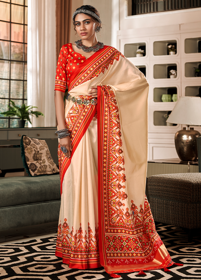 Bandhan Patola, Handloom Silk Saree (Cream & Red)
