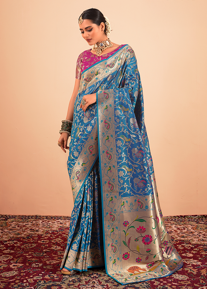 Paithani Silk Saree With Contrast Blouse (Sky Blue)