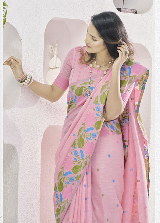 Pure Linen Saree, With All Over Weaving Contrast Border And C Pallu (Pink)