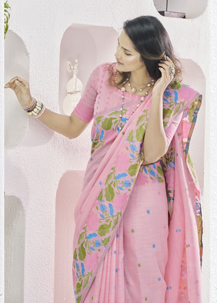 Pure Linen Saree, With All Over Weaving Contrast Border And C Pallu (Pink)