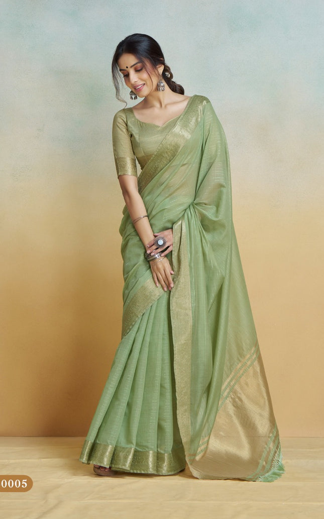 Banarasi Border, Pure Handloom Khadi silk, With Chit Pallu And Tassels (Green)